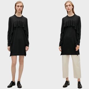 COS Knitted Frill Long Sleeve Straight Fit Wool Mini Dress Top Black Women's XS